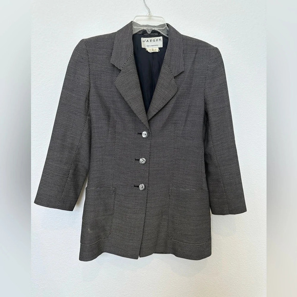 Vintage 80s Jaeger Boyfriend Blazer Black and White Wool Blend 6 - Picture 1 of 9